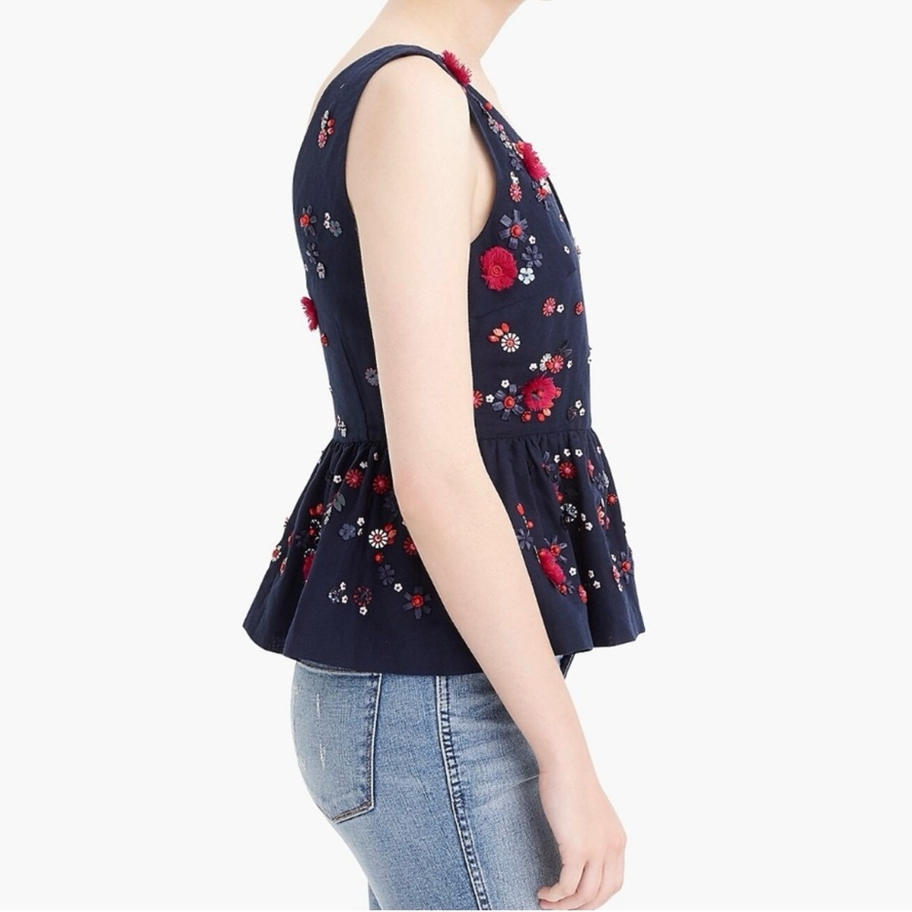 NWT J. Crew Navy Blue Hand Embellished Linen/ Cotton Peplum Tank Size 4 - Picture 4 of 13